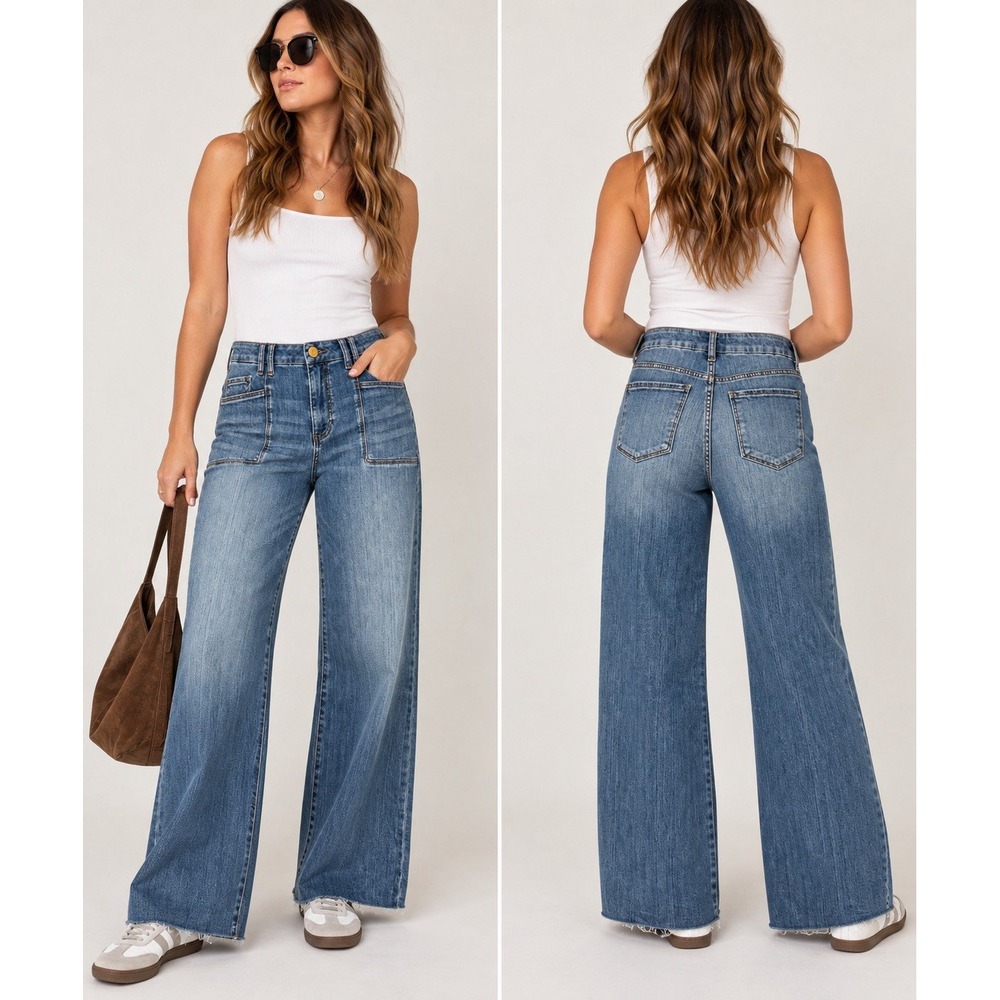 KUT From The Kloth Meg Wide Leg Jeans 8 High Rise Patch Pocket Raw Hem